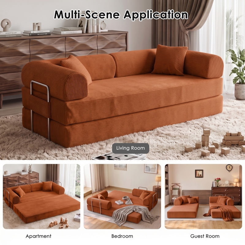 Anpport 78.8" Compression Boneless Sectional Sofa, Convertible Floor Sleeper Bed with Pillow Back Armrest, Corduroy Fabric, Tangerine, for Living Room Bedroom