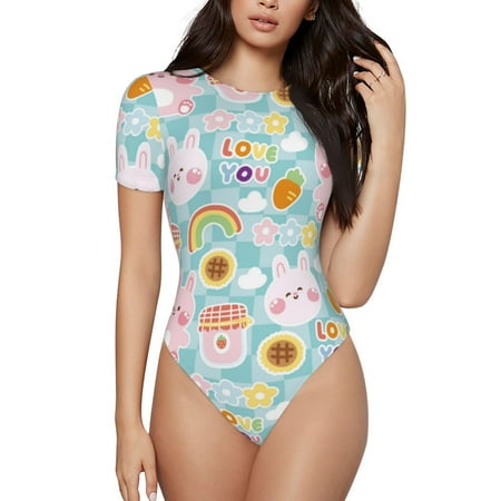 Vsdgher Love You Rabbit Prinr Short Sleeve Body suit for Womens  Sexy Onesie One Piece Round Neck Bodysuit Shapewear Tummy Control-Large