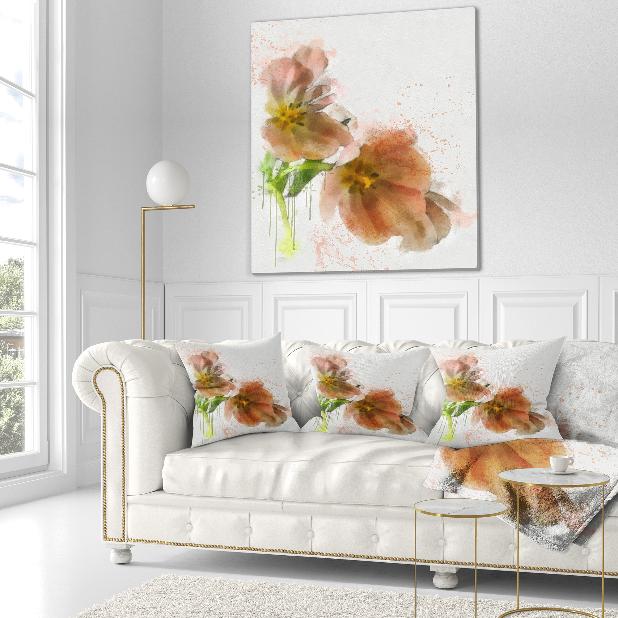 Designart Brown Tulips Sketch Watercolor - Floral Throw Pillow - 16x16
