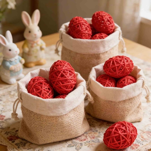Decoración de Pascua Juego de bolas de ratán tejidas de 6,5 cm, 2 adornos de fibra con huevos, azul claro rosa rojo púrpura verde amarillo, decoración para fiestas colgantes