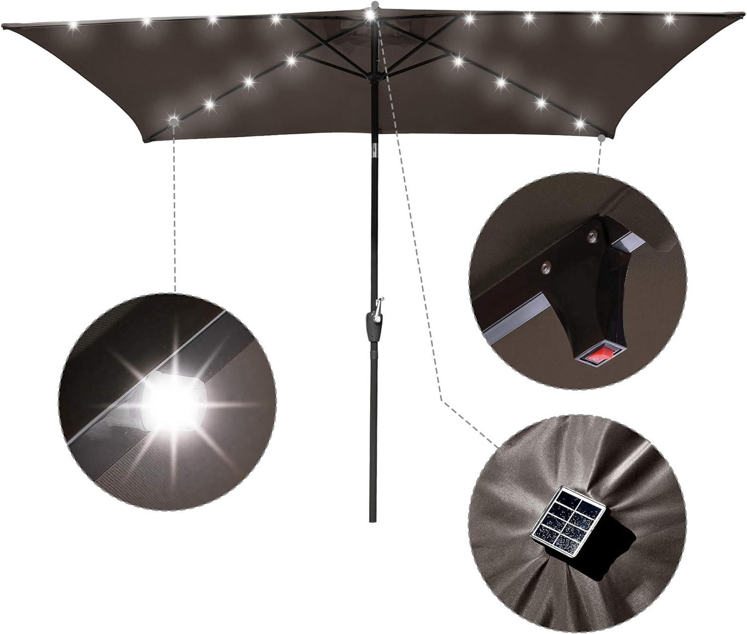 10x6.5 ft Outdoor Rectangle Solar Powered LED Patio Umbrella with Crank Tilt for Garden Backyard Table Market Pool, Brown