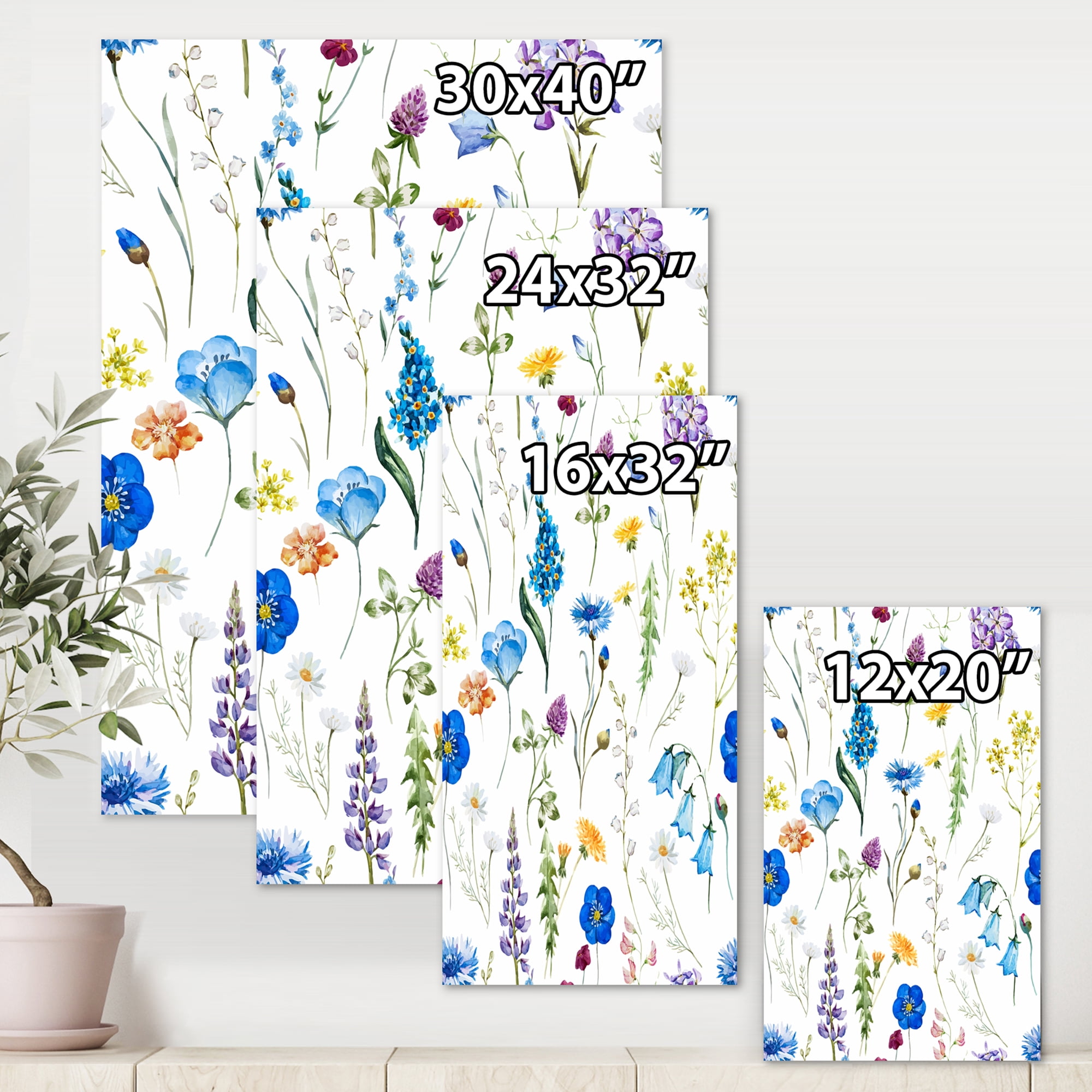 Designart ' Blue Wildflowers With Leaves I ' Traditional Canvas Wall Art Print