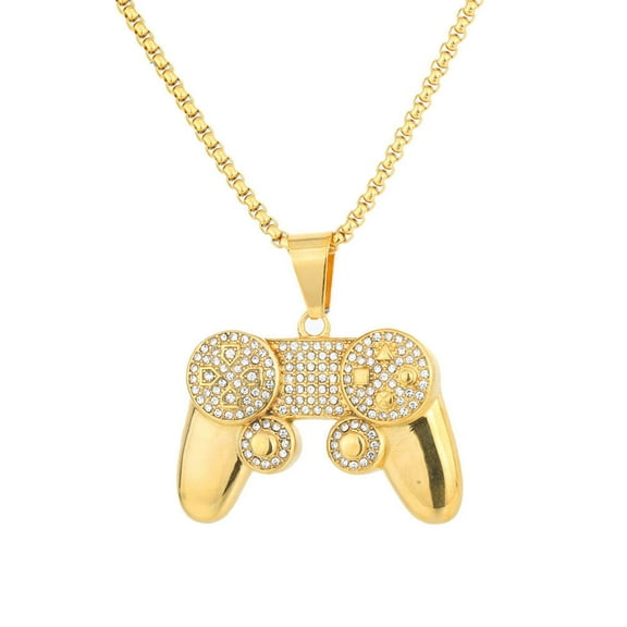 PAMTIER Unisex Stainless Steel Personality Hip Hop Punk Game Controller Shape Crystal Micro-Pave Zircon Inlay Pendant Necklace with Chain