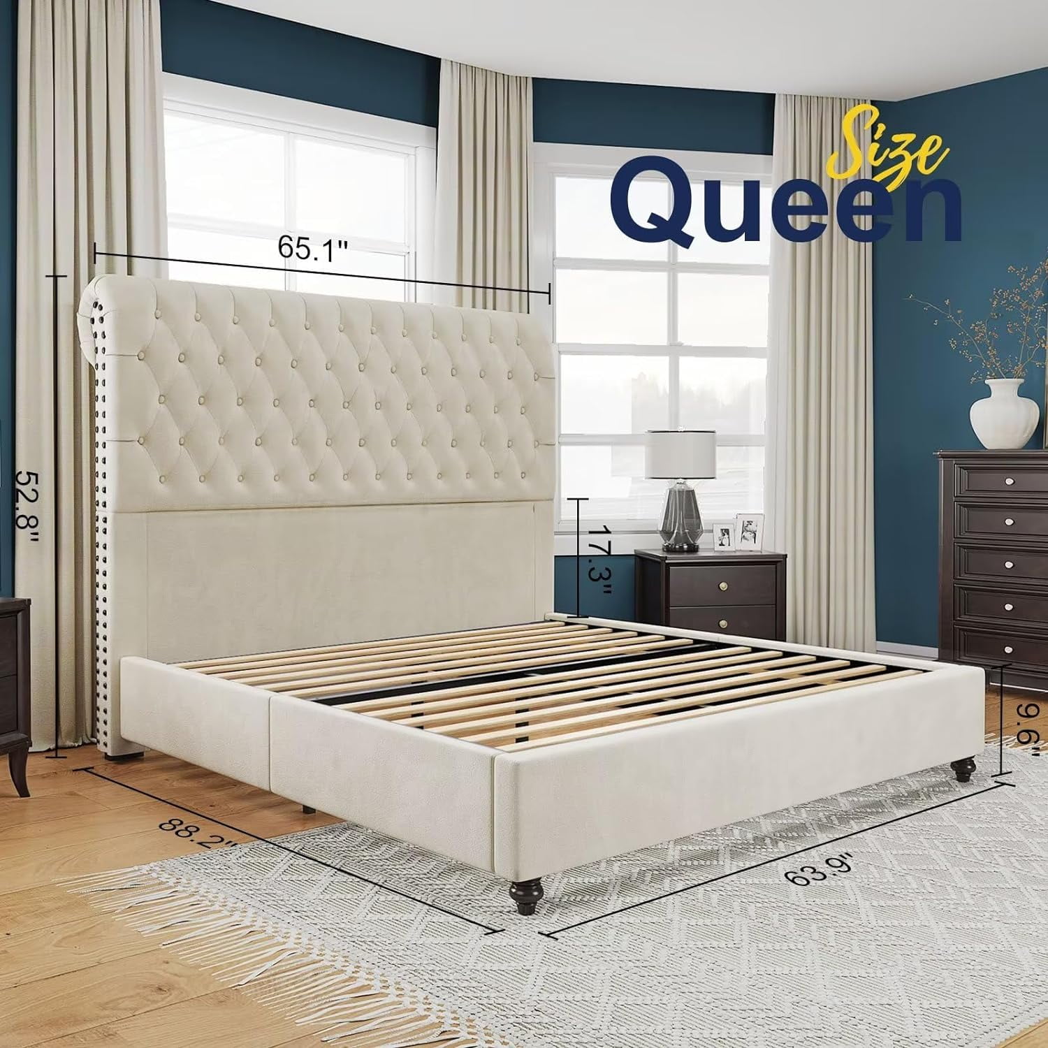 Merluxy Upholstered Queen Bed Frame with Headboard Sleigh PlatformTufted Bed/Cream