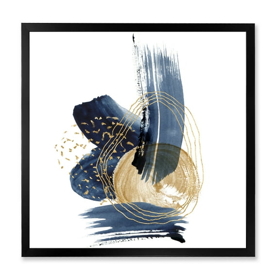 Designart 'Gold Strokes and Landscape of Dark Blue Mountains II' Modern Framed Art Print