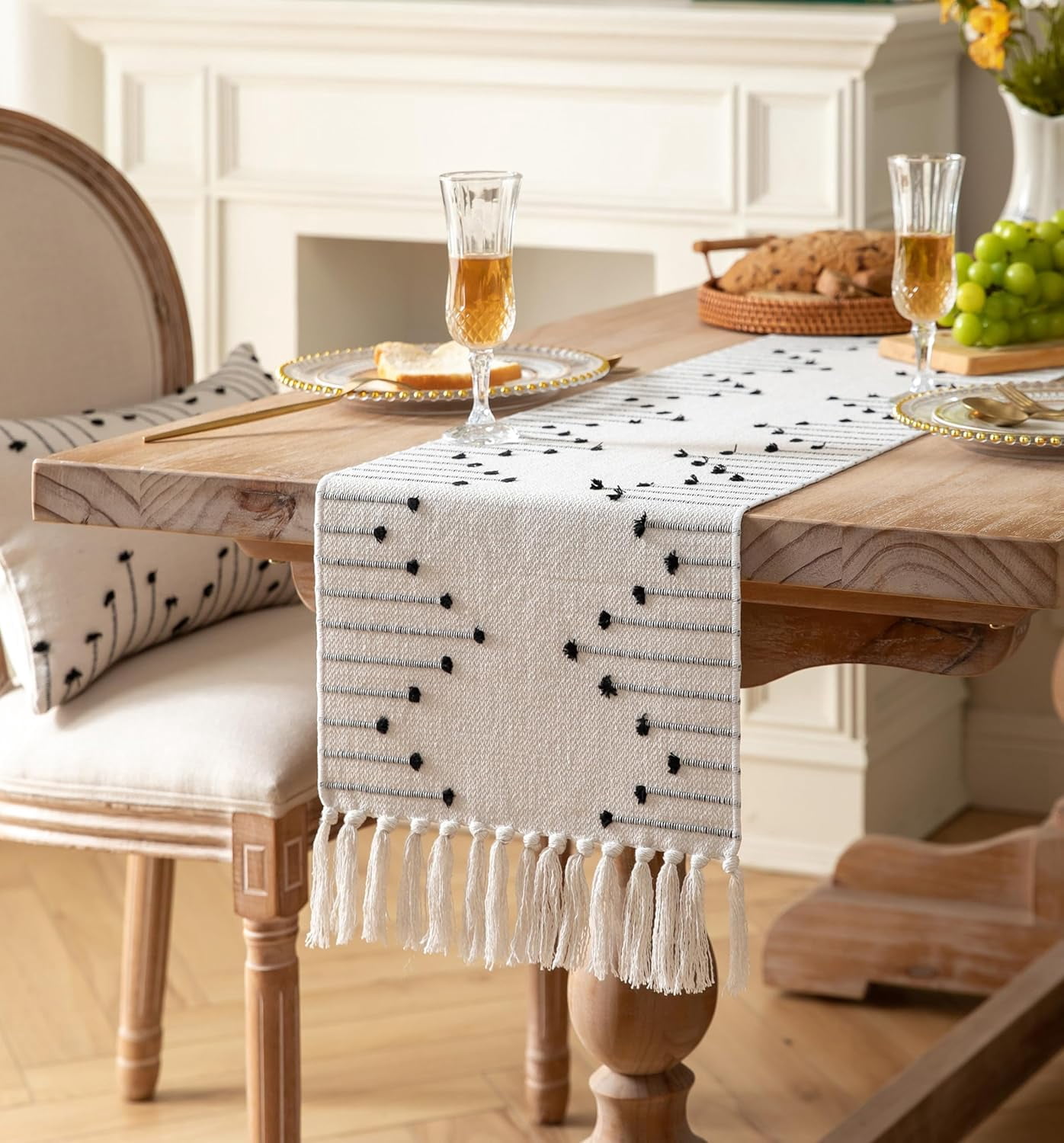 Boho Table Runner 13 x 90 Inch Long Natural Cotton Woven Runner with Tassels for Home Dining Table décor, for Modern Farmhouse Decor Coffee Table Runner, Taupe and Beige