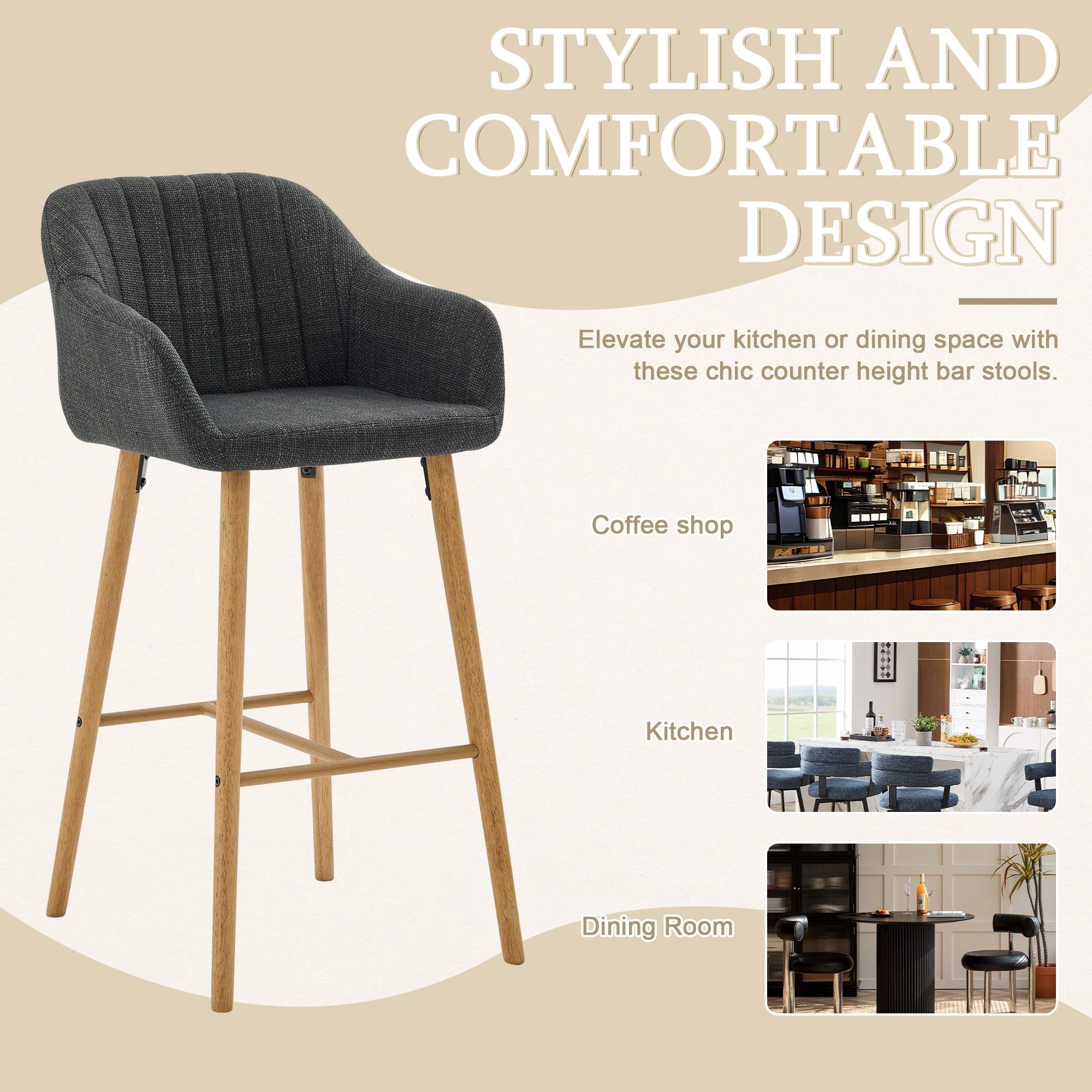 Sailvan Set of 2 Modern Bar Stools,Linen Upholstered Kitchen Island Chairs with Back & Arms,Solid Wood Legs Tall Counter Stools Black