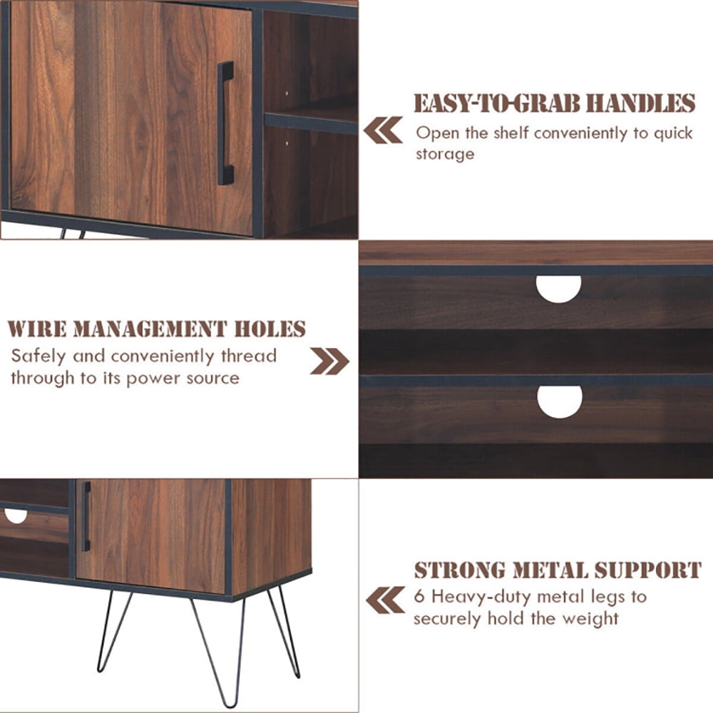 Finihen TV Stand, TV Cabinet, Retro Modern TV Stand with 6 Metal Legs for TVs up to 65 Inch with 2 Cable Holes, Media Entertainment Center with Storage, for Living Room, Bedroom, Walnut