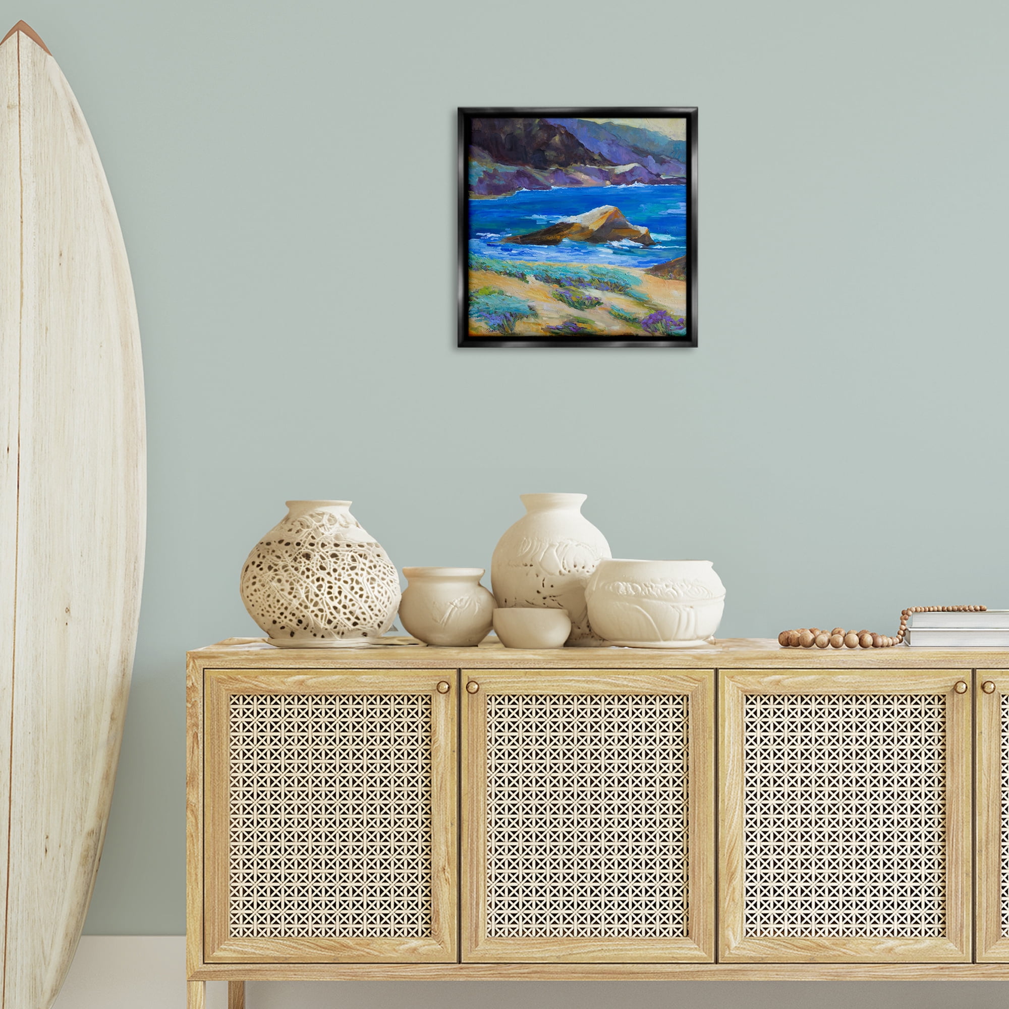 Stupell Industries Carmel Cove Landscape Landscape & Nature Painting Black Floater Framed Canvas Art Print Wall Art, 18 x 18