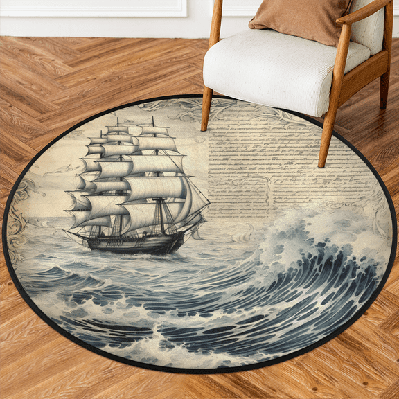CURLYOOT Round Rug 3ft Vintage Ocean Ship Area Rug, Washable Circle Mat Non Slip Floor Carpet Mat, Soft Indoor Rugs for Entryway Living Room Dining Room Bedroom
