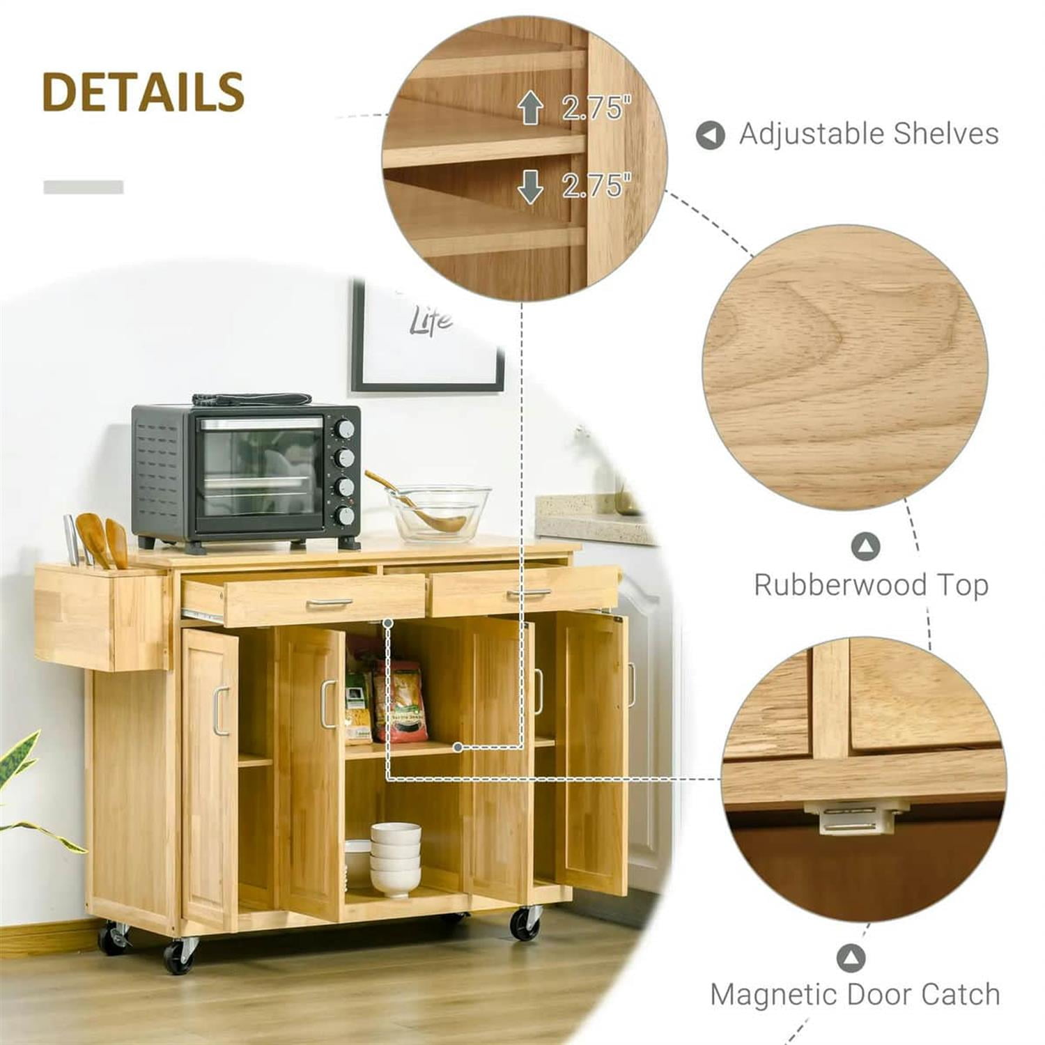 Demi Bonn 50" Rolling Kitchen Island, Natural Hardwood Cart with Drawers & Cabinets, Dining Room Microwave Cart, Wide Storage, Beige
