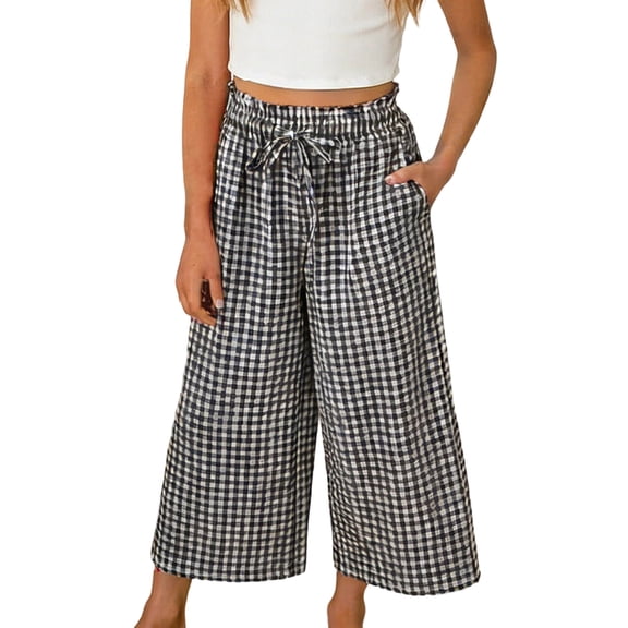Girls Gingham Wide Leg Culottes - Black Cotton Linen Blend Cropped Pants with Pockets for Kids,Size 4 T