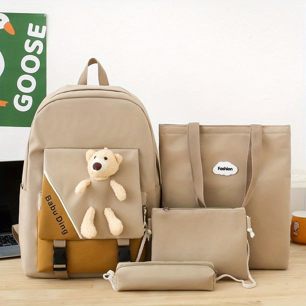 4pcs Set Kawaii Mochila Para Laptop, Bolsa De Viaje Escolar De Estilo Preppy Simple Con Bolso De Mano, Bolso Cruzado Y Estuche Para Lápices