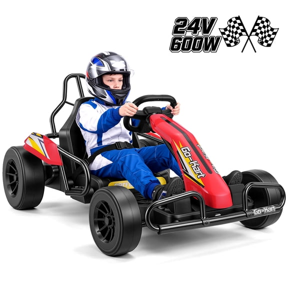 Funcid 24V 10Ah Big Battery Go Kart for Kids Age 6-12, Ride on Toys with 600W Motors, 7.5 MPH Electric Go Kart W/ EVA Wheels, 4-Level Adjustable Seat & 360° Drift Mode, LED Power Display, Red