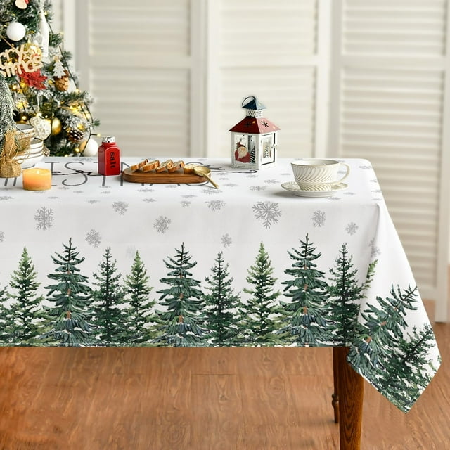 Christmas Tablecloth 60×120 Inch Rectangular, Winter Snow Trees White Washable Table Cover for Party Picnic Dinner Decor