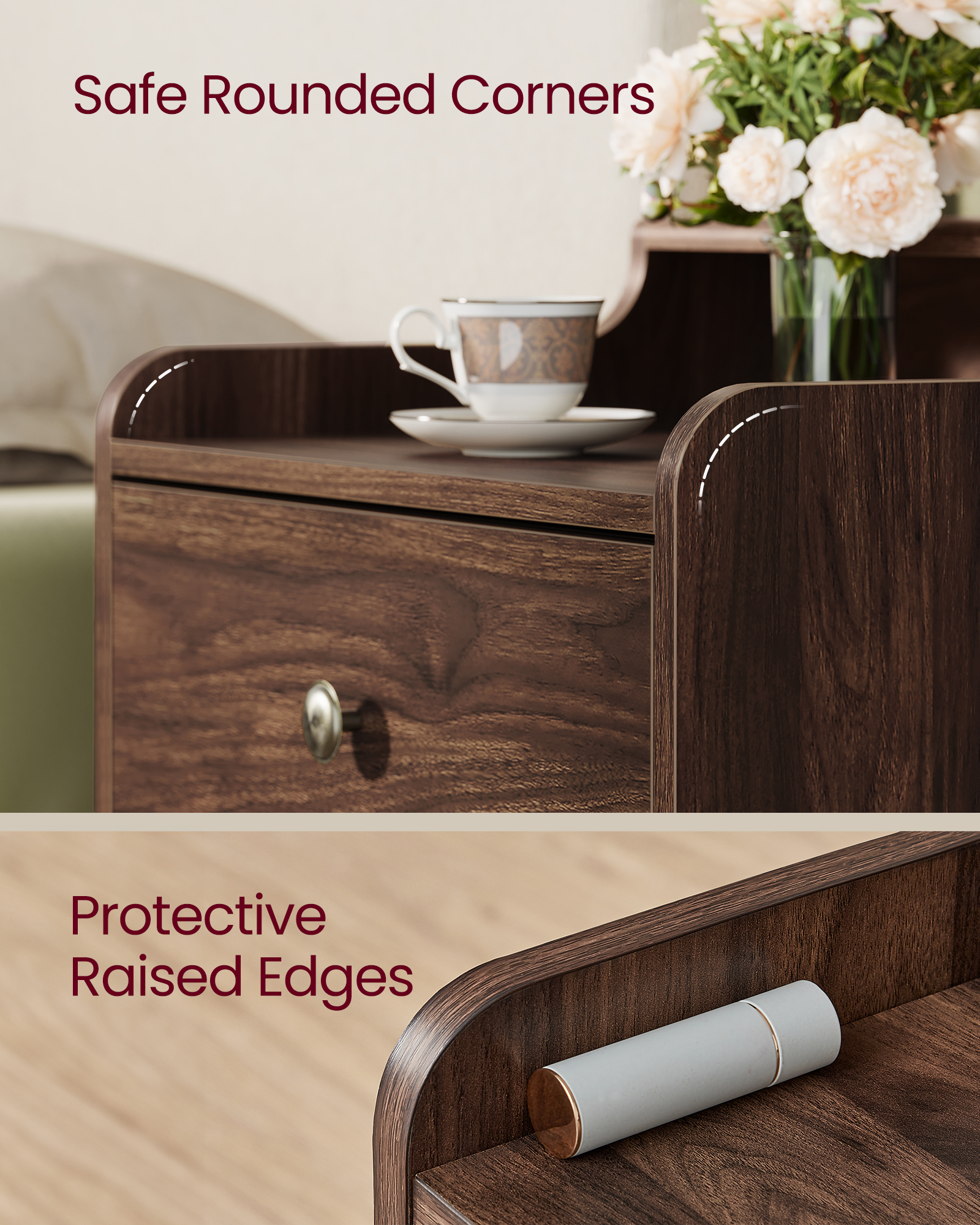 Nightstands, Set of 2, Bedside Tables with Hidden Drawers, Mid-Century End Tables with Solid Wood Legs, Side Tables for Bedroom, Natural Walnut