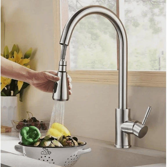 Kitchen Sink Faucet Brushed Nickel Single Handle Swivel Pull Down Sprayer Mixer