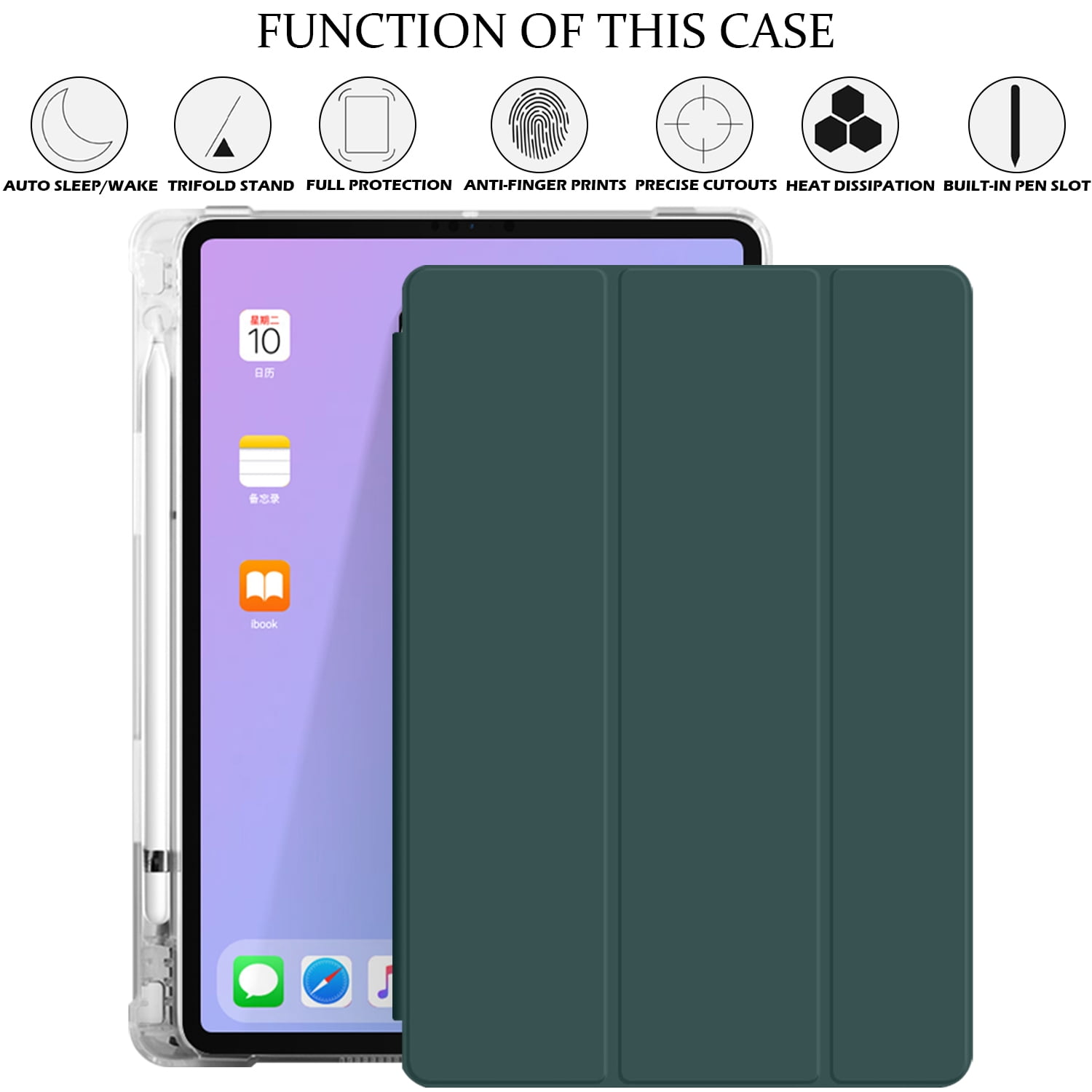 iPad 9th 2021 8th 2020 7th 2019 Gen [iPad 9 iPad 8 iPad 7 ] 10.2 Inch A2602 A2270 A2197 MK663LL/A MK673LL/A MYN62LL/A MW6Y2LL/A Clear Back TPU Silicone Back Printed Case Pencil Holder - Dark Green
