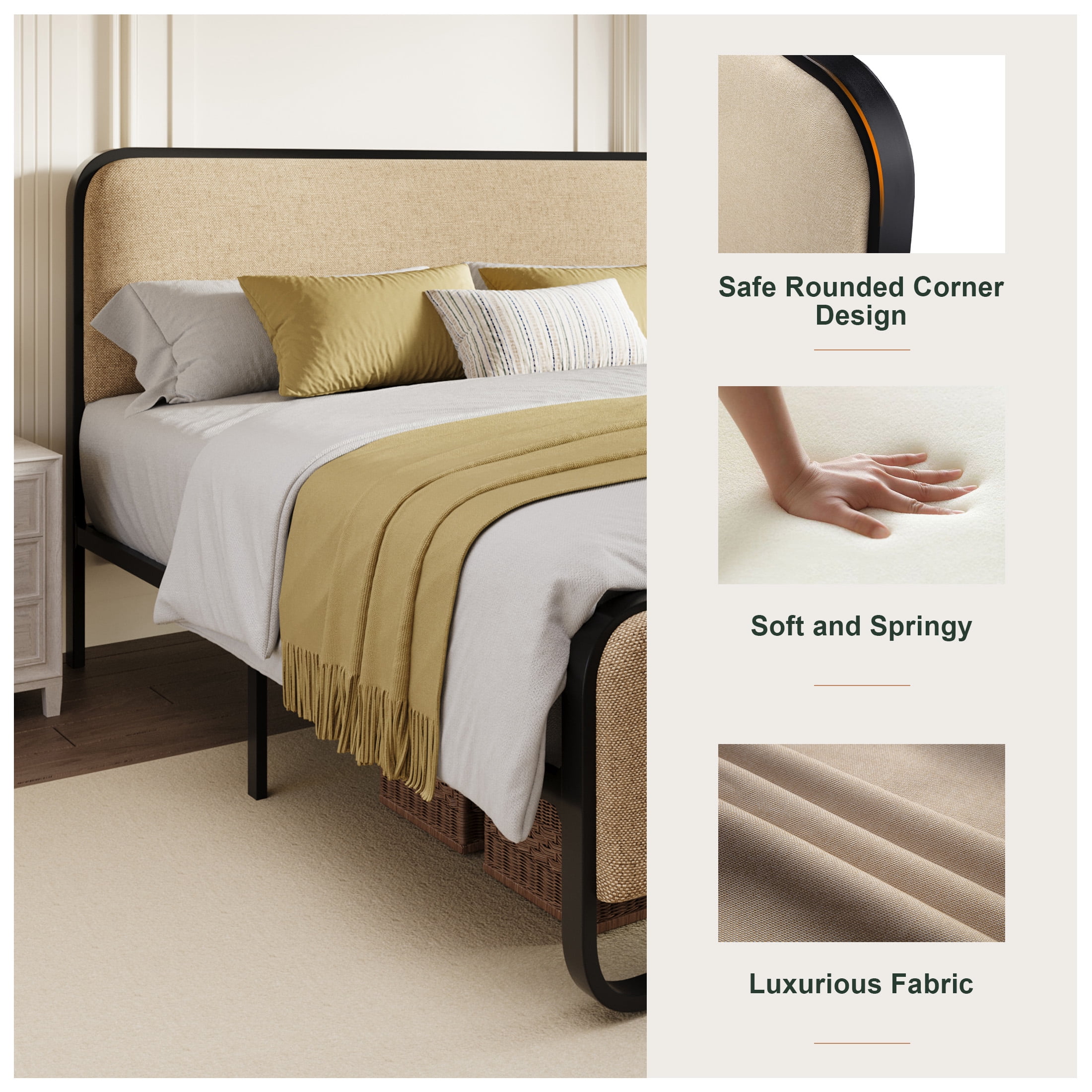 Amolife Queen Size Platform Bed Frame, Upholstered Bed with Fabric Curved Headboard & Footboard, No Box Spring Needed, 1000 LBS Capacity, Beige