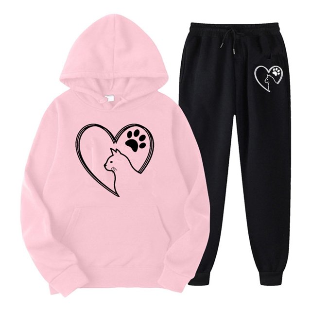 Gibobby Conjunto de sudadera informal para mujer Sudadera con capucha y pantalones con cuello redondo y manga larga con estampado de corazón de informal para (Rosa,G)