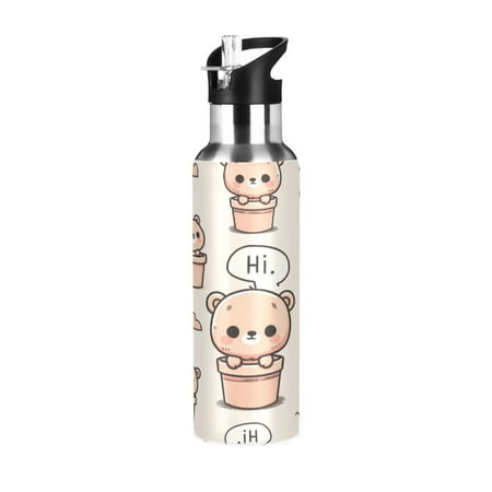 

Water Bottles 34oz Straw Lid Wide Mouth Stainless Steel for School Sport Travel Cute Teddy Bear in Pots