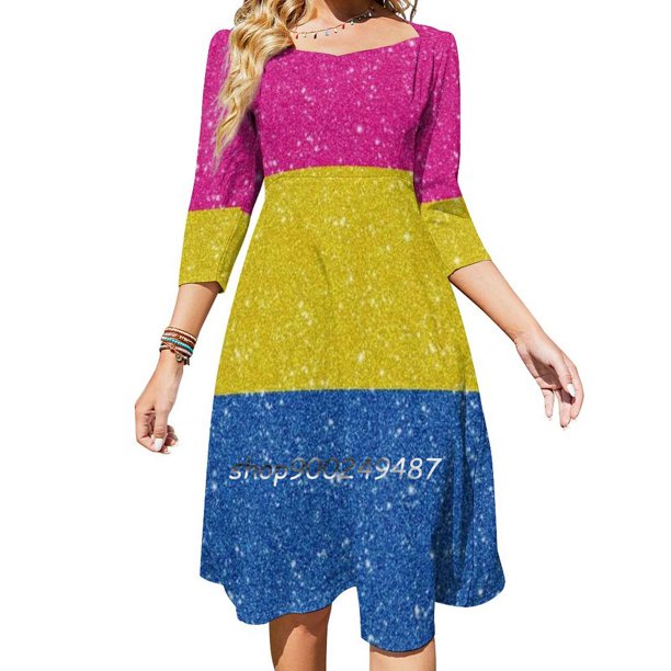 Vestido de verano elegante con cuello cuadrado y estampado de bandera del orgullo pansexual con purpurina sintética para mujer