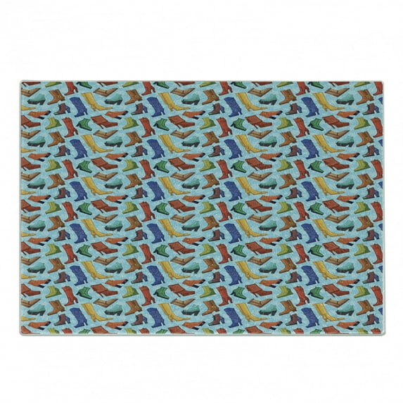 Winter Cutting Board, Colored Women's Boots Shoes on a Blue Background with Snowflakes Seasonal Theme, Decorative Tempered Glass Cutting and Serving Board, in 3 Sizes, by Ambesonne