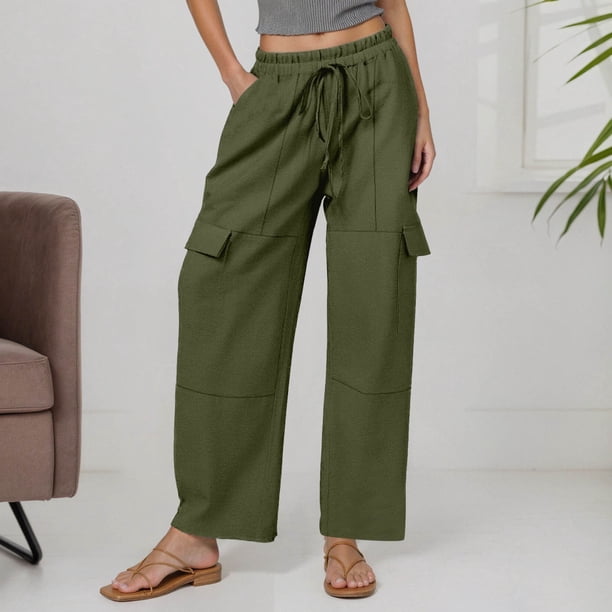 WILLBEST Pantalones Casuales de Lino para Mujer, Cintura Alta Elástica, con Cordón Ajustable, Holgados, de Pierna Ancha, para Actividades Informales En La Playa. Extra Grande