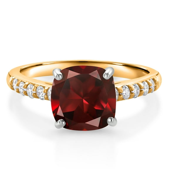 Gem Stone King 10K Yellow Gold Red Garnet and White Lab Grown Diamond Engagement Ring for Women (2.80 Cttw, Cushion 8MM, Gemstone January Birthstone, Size 6)
