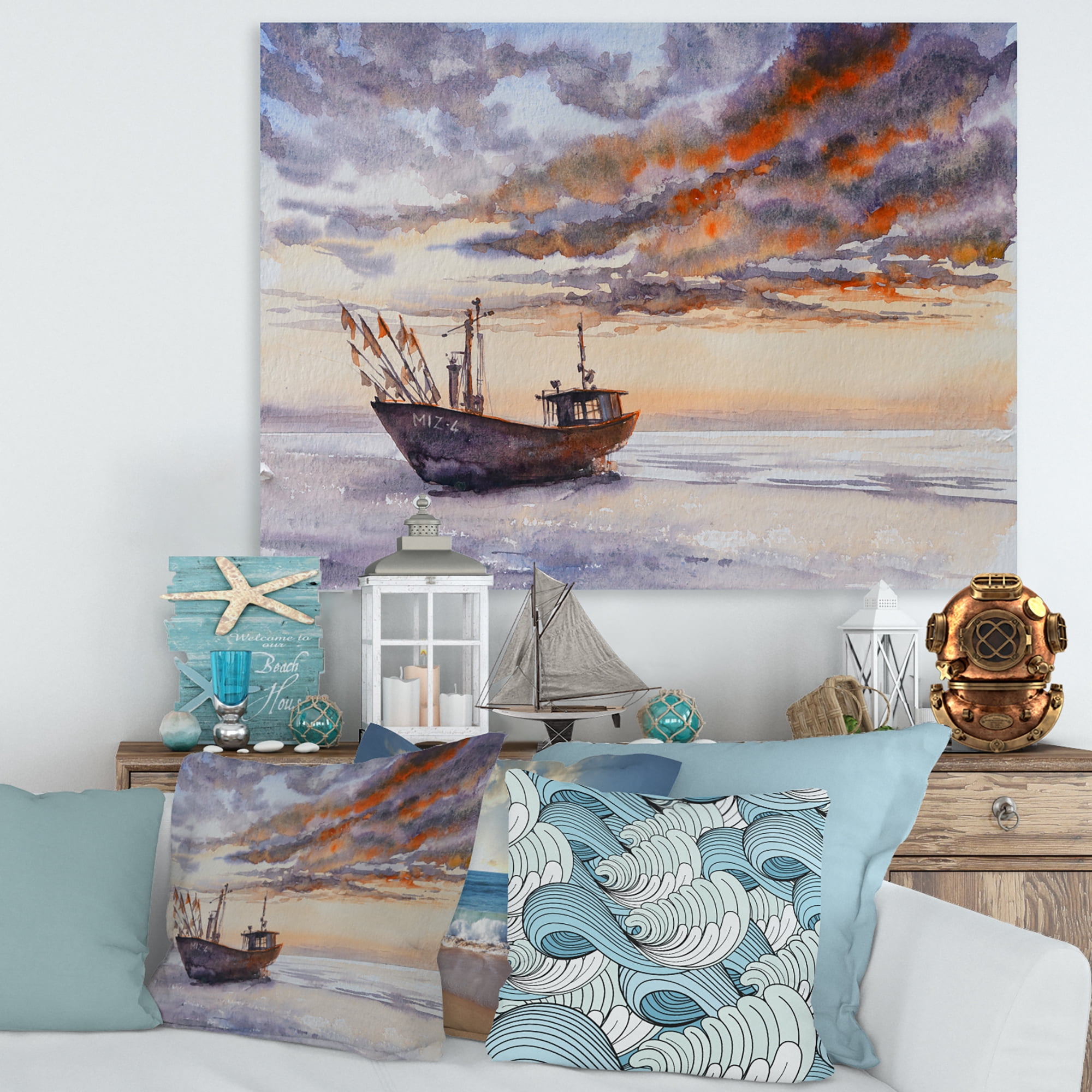 Designart ' Wooden Fishing Boat On The Baltic Shore With Evening Clouds ' Nautical & Coastal Canvas Wall Art Print