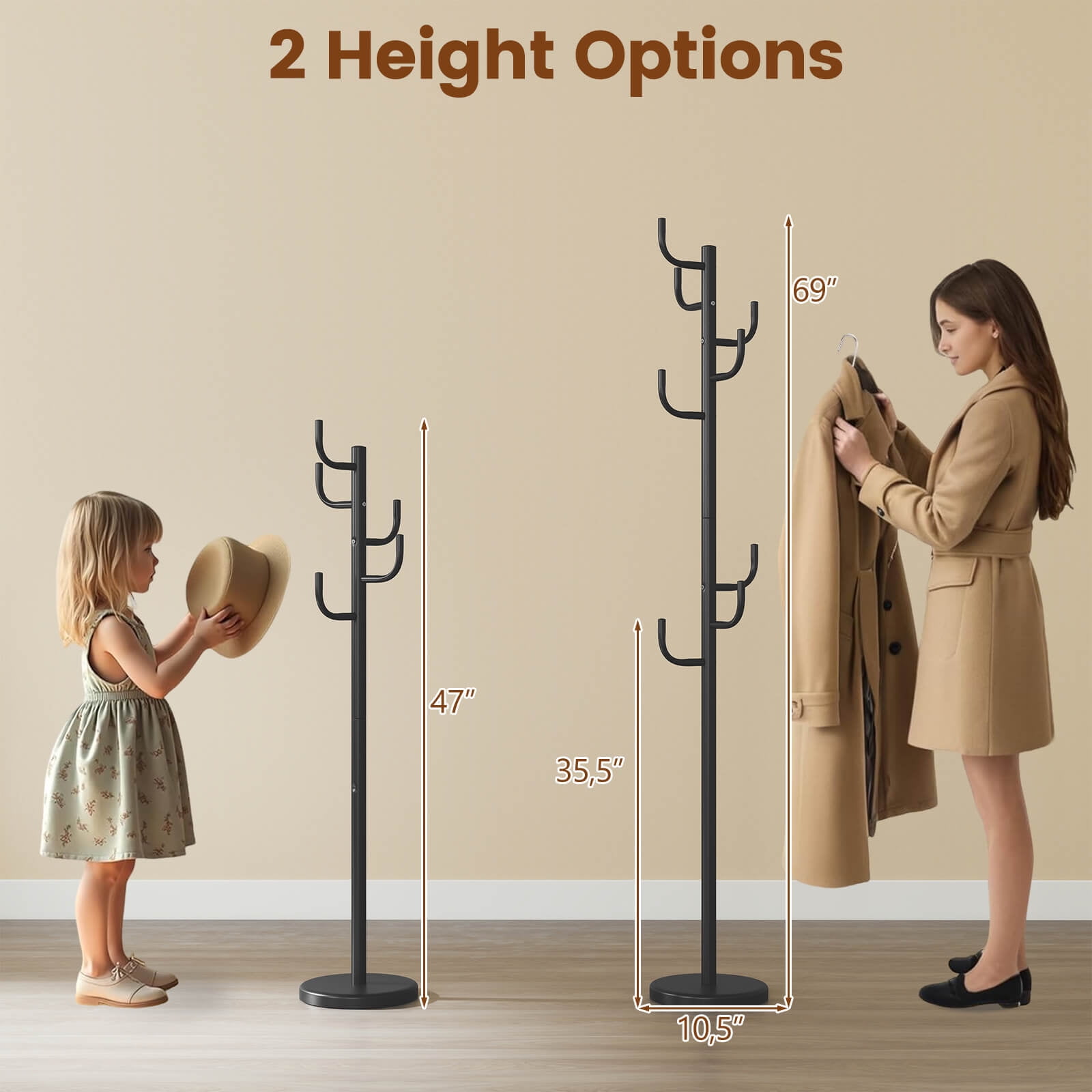 Costway Metal Coat Rack, Black, 8 Hooks, Vertical Design, Stable