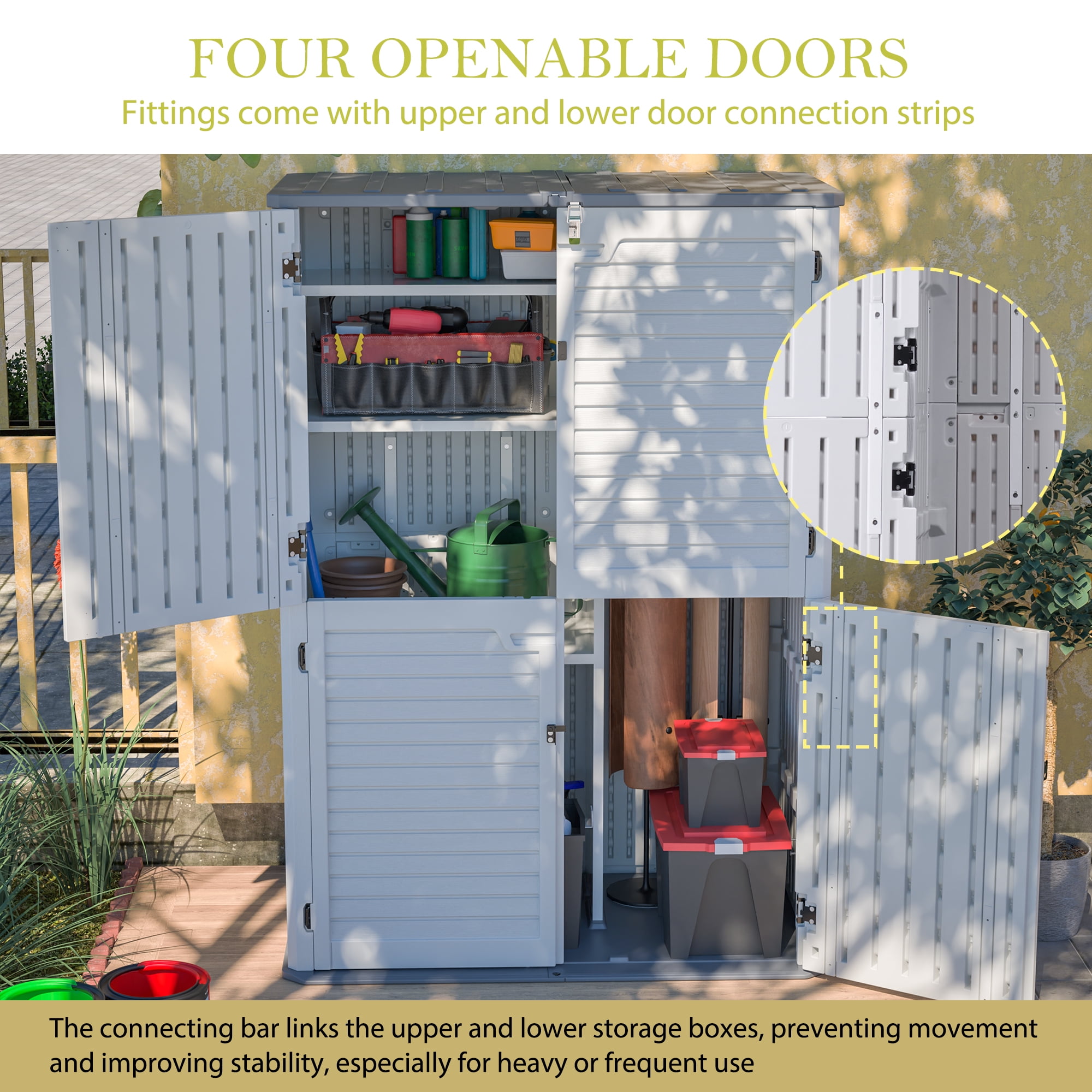 LZBEITEM 61 Cu.ft Upgraded Outdoor Horizontal Storage Shed with 4 Adjustable Shelves, Weather-Resistant Resin Tool Sheds, Multi-Opening Door, Waterproof & Lockable
