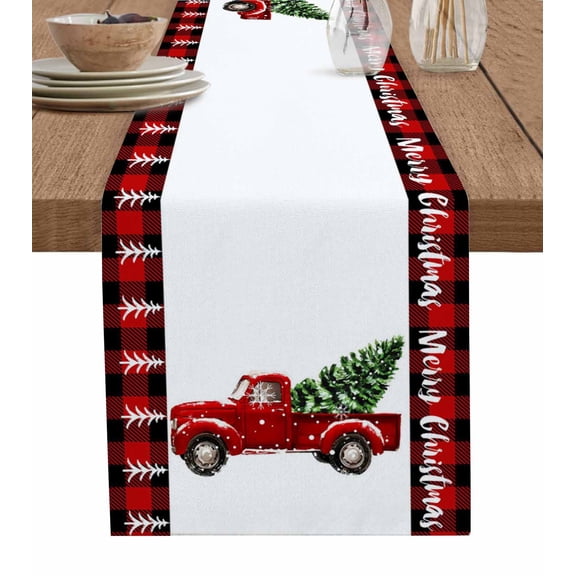 Red Truck Christmas Table Runner 36 Inches, Plaid Xmas Tree Snowflake Bed Runner Dresser Scarves Tabletop for Indoor Outdoor Parties/Ceremony/Banquet, 13"x 36"