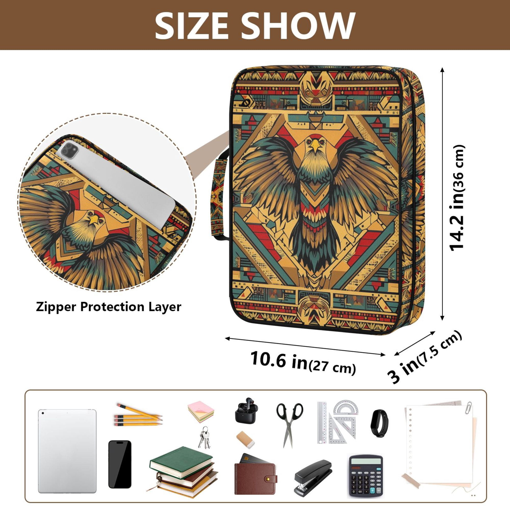 FORMRS Accordion File Folder A4 Size 7-Pocket Expanding Document Organizer Bag with 3 Ring Binder, Retro Abstract Eagle