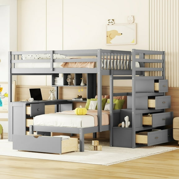 Full Over Twin Bunk Bed with Desk, Drawers & Shelves, Gray