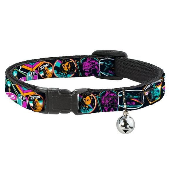 Disney Breakaway Cat Collar With Bell, Plastic Clip, Easy Adjustable, Lightyear Mission Patches Collage Black Multi Color, 8.5 to 12 Inches 0.5 Inch Wide