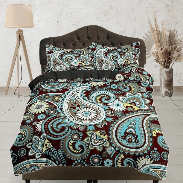 Colorido azul verde paisley marrón juego de funda nórdica, decoración de la habitación estética ropa de cama