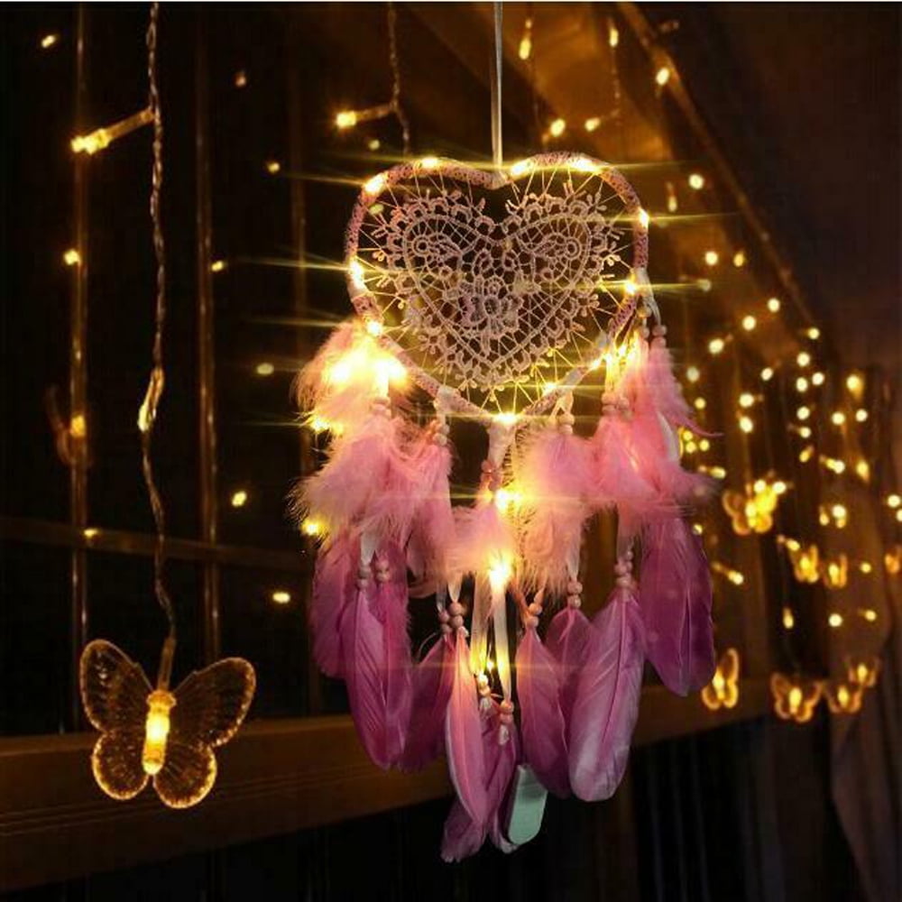 Dream Catcher Handmade Feathers Wall Car Hanging Ornament Fairy String Lights 