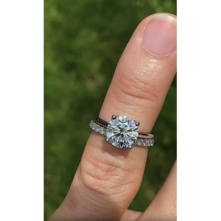 Solitaire Brilliance 2.5Ct Round Moissanite Engagement Ring with Dainty Half Eternity Wedding Band Set in 14K White Gold Ring