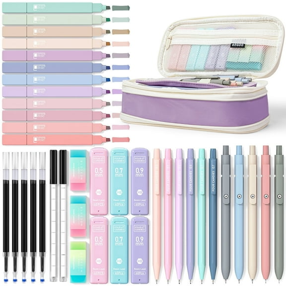 Four Candies 39 PCS Aesthetic Supplies with Cute Pen Case, 12 Pastel Highlighters, 5 Black Ink Gel Pens, 6 Mechanical Pencils Set 0.5 & 0.7mm,  Stationary Essentials (Purple)