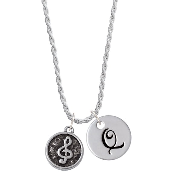 Delight Jewelry Silvertone Antiqued Round Seal - Clef Silvertone Script Initial Disc - Q - Charm Necklace, 20"+3"