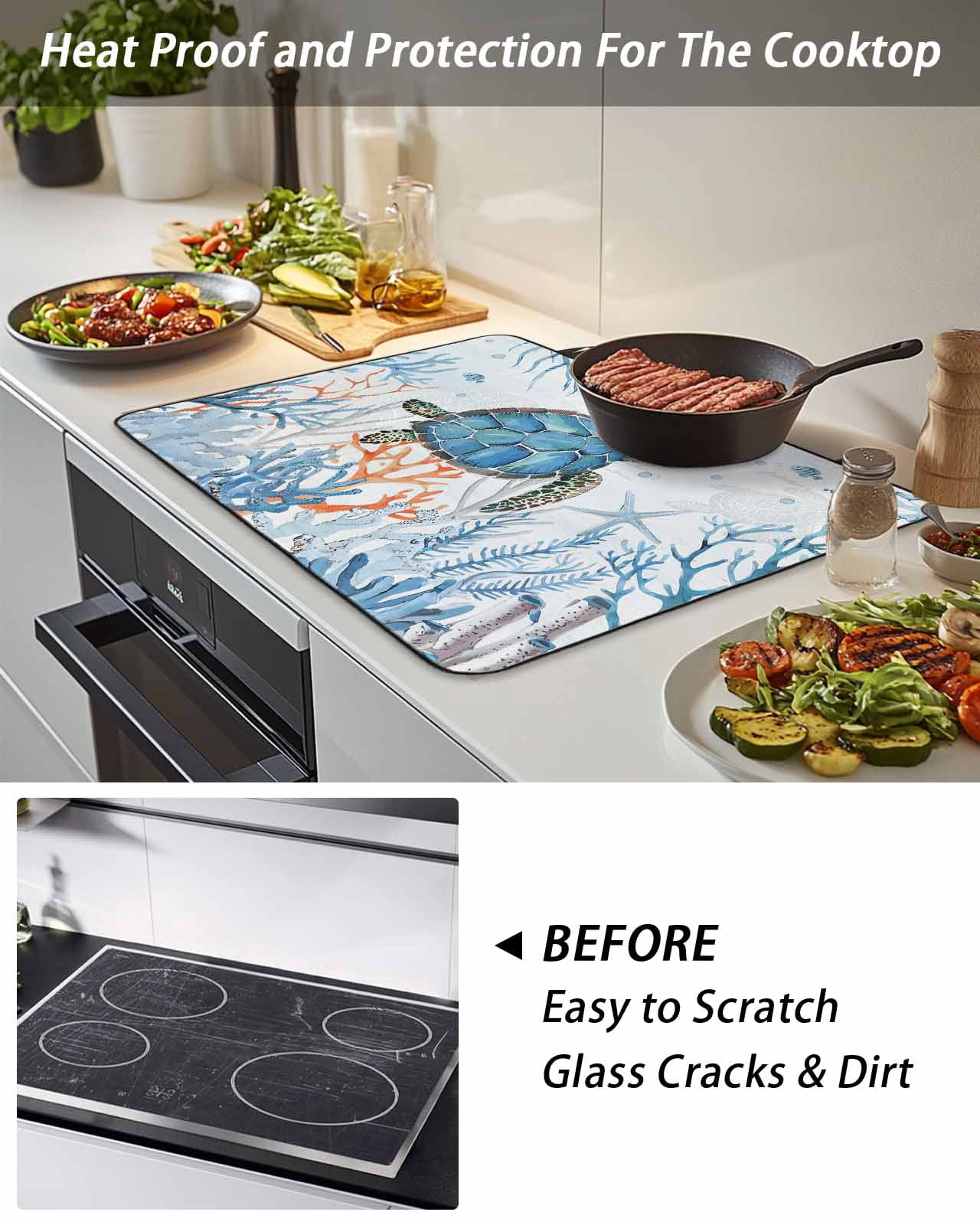 Stove Top Covers for Electric Stove, Turtle Glass Stovetop Cover Protector, Blue Coastal Starfish Ocean Coral Nautical Induction Cooktop Protector Oven Mat for Kitchen Countertop 24"x21"
