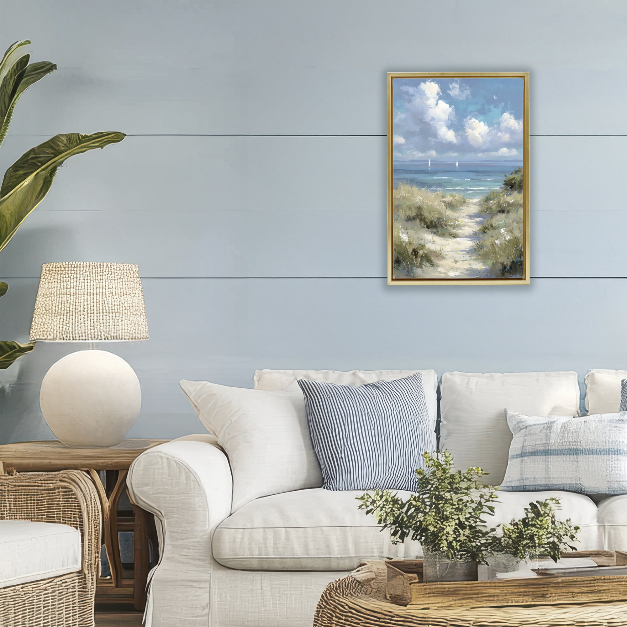 Stupell Industries Impressionist Clouds over Beach Path Gold Framed Floater Canvas Wall Art, design by Petal Prints Design