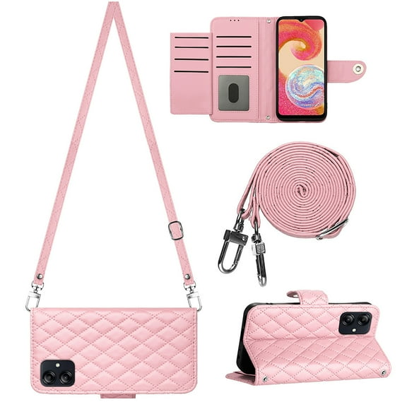 Allytech Wallet Case for Samsung Galaxy A03s with Card Cash Slots, Luxury Premium PU Leather Kickstand Shoulder Strap Lanyard Shockproof Anti-Fall Full Body Protective Flip Shell - Pink