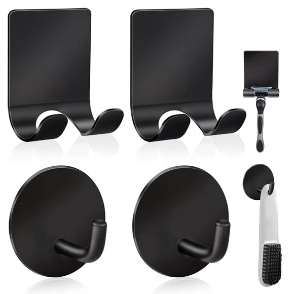 Diesisa Soporte para Maquinilla de Afeitar Acero Inoxidable 304 para Ducha + Ganchos de Pared Adhesivos Pegajosos Resistentes al Agua Premium para Colgar Toallas Abrigo Gorro (Pack de 2+2) - Negro