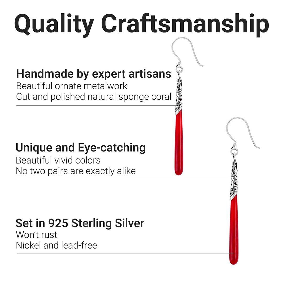 Red Coral Dangle Earrings for Women in 925 Sterling Silver - Drop Unique Earrings Handmade Birthstone Vintage Boho Western Jewelry Birthday Christmas Gifts
