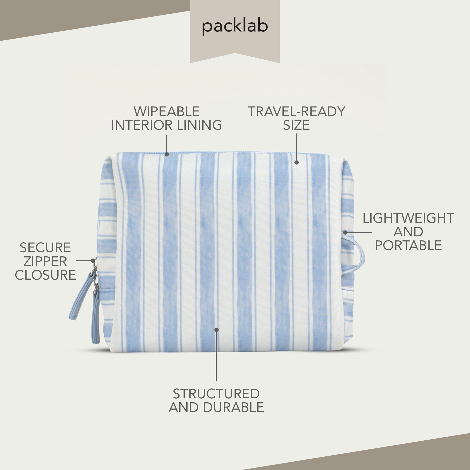 packlab Travel Makeup & Toiletry Cosmetic Bag, Blue Stripe Organizer Pouch