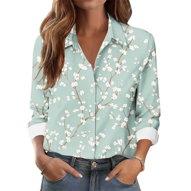 TaTaai Ladies Button Down Shirt Long Sleeve Notch Collar Floral Print Casual Top Breathable Cotton Loose Fit Blouse for Spring Gift