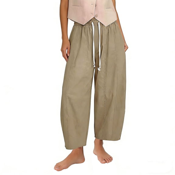 ShomPort Womens Pants Business Casual Loose Work Cropped Trousers Drawstring Cotton Linen Pants