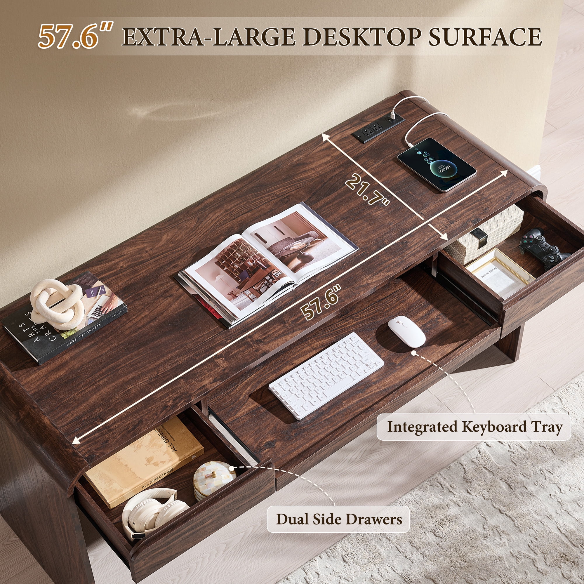wow97e Modern Computer Desk with Storage Drawers, 57'' Large Executive Office Desk with Charging Station & Keyboard Tray for Home Office